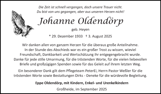 Traueranzeige von Johanne Oldendörp von Ostfriesischer Kurier GmbH