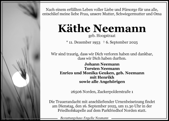 Traueranzeige von Käthe Neemann von Ostfriesischer Kurier GmbH