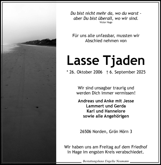 Traueranzeige von Lasse Tjaden von Ostfriesischer Kurier GmbH
