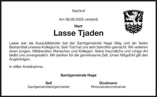 Traueranzeige von Lasse Tjaden von Ostfriesischer Kurier GmbH