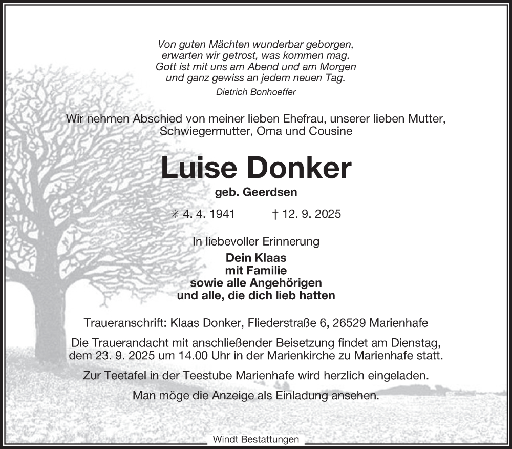  Traueranzeige für Luise Donker vom 17.09.2025 aus Ostfriesischer Kurier GmbH