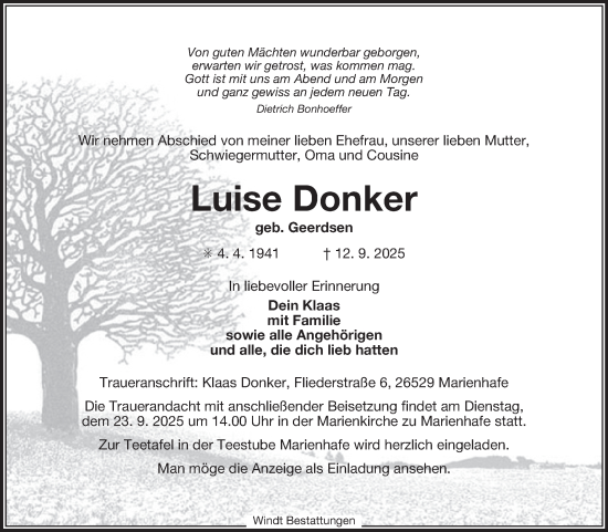 Traueranzeige von Luise Donker von Ostfriesischer Kurier GmbH