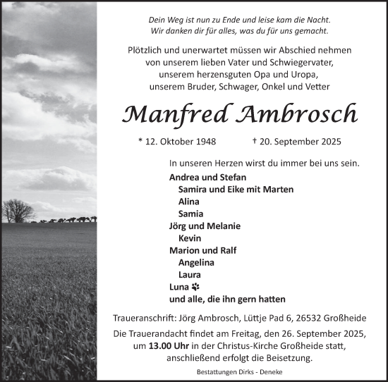 Traueranzeige von Manfred Ambrosch von Ostfriesischer Kurier GmbH
