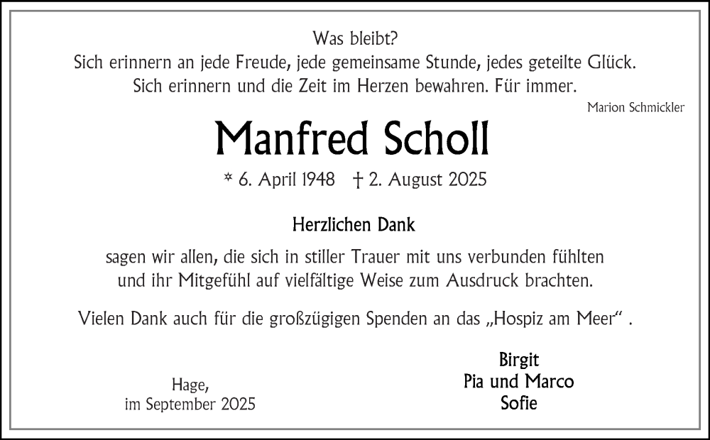  Traueranzeige für Manfred Scholl vom 20.09.2025 aus Ostfriesischer Kurier GmbH