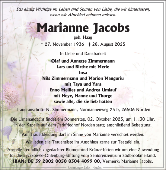 Traueranzeige von Marianne Jacobs von Ostfriesischer Kurier GmbH