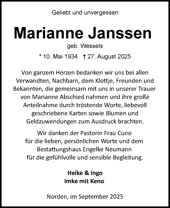 Traueranzeige von Marianne Janssen von Ostfriesischer Kurier GmbH