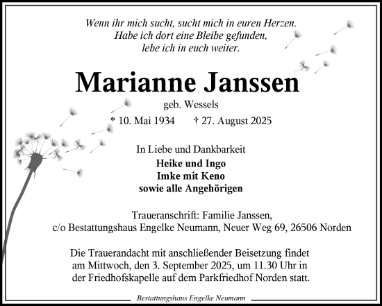 Traueranzeige von Marianne Janssen von Ostfriesischer Kurier GmbH
