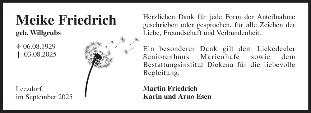  Traueranzeige für Meike Friedrich vom 20.09.2025 aus Ostfriesischer Kurier GmbH