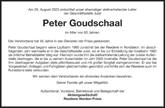 Traueranzeige von Peter Goudschaal von Ostfriesischer Kurier GmbH