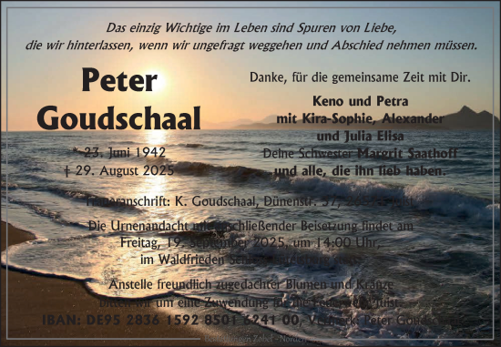 Traueranzeige von Peter Goudschaal von Ostfriesischer Kurier GmbH