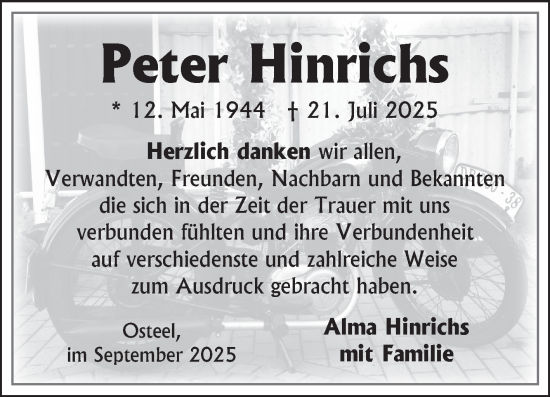Traueranzeige von Peter Hinrichs von Ostfriesischer Kurier GmbH