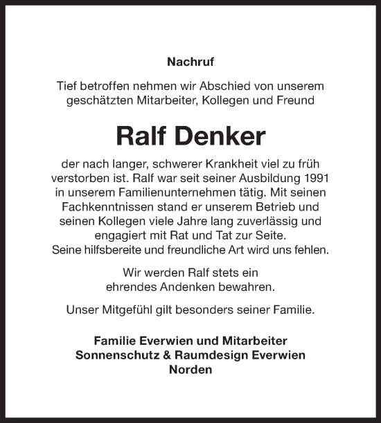 Traueranzeige von Ralf Denker von Ostfriesischer Kurier GmbH