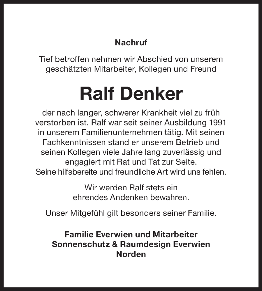  Traueranzeige für Ralf Denker vom 13.09.2025 aus Ostfriesischer Kurier GmbH