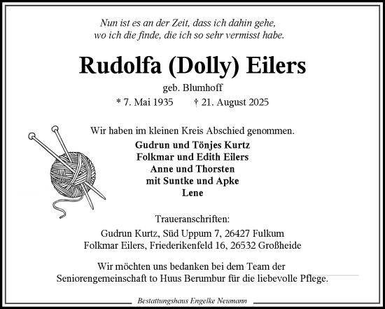 Traueranzeige von Rudolfa Eilers von Ostfriesischer Kurier GmbH