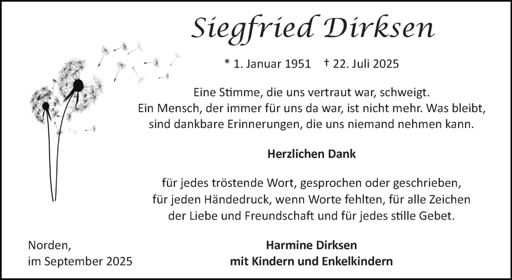  Traueranzeige für Siegfried Dirksen vom 06.09.2025 aus Ostfriesischer Kurier GmbH