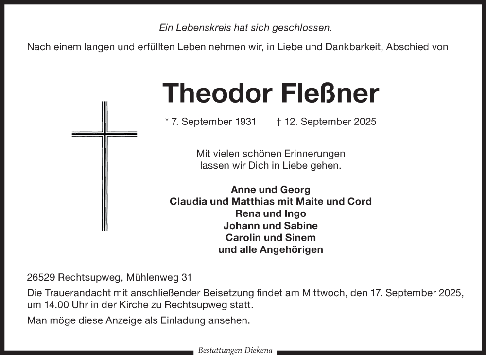  Traueranzeige für Theodor Fleßner vom 15.09.2025 aus Ostfriesischer Kurier GmbH