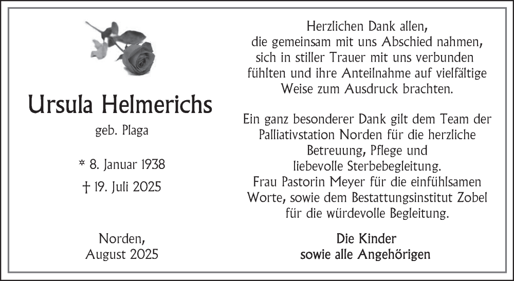  Traueranzeige für Ursula Helmerichs vom 30.08.2025 aus Ostfriesischer Kurier GmbH