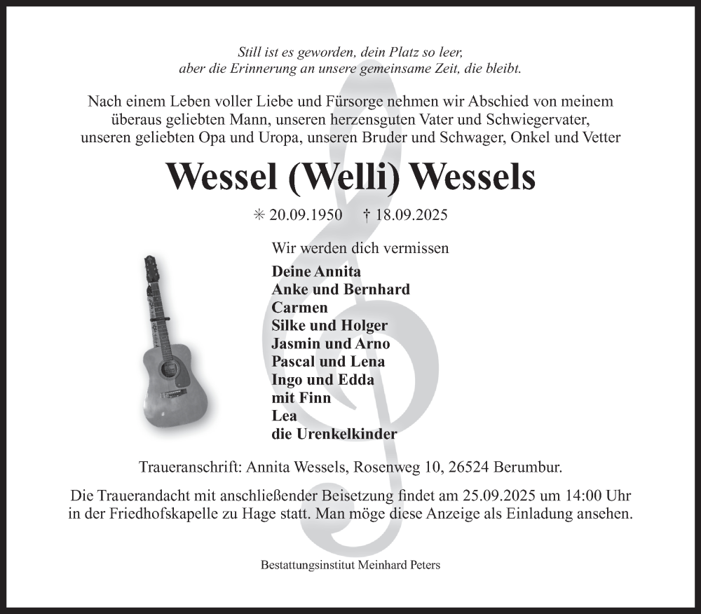  Traueranzeige für Wessel Wessels vom 20.09.2025 aus Ostfriesischer Kurier GmbH