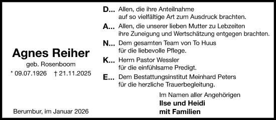 Traueranzeige von Agnes Reiher von Ostfriesischer Kurier GmbH