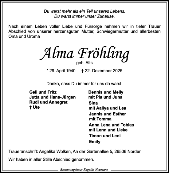 Traueranzeige von Alma Fröhling von Ostfriesischer Kurier GmbH