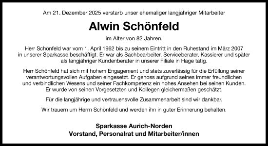 Traueranzeige von Alwin Schönfeld von Ostfriesischer Kurier GmbH