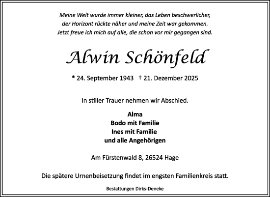 Traueranzeige von Alwin Schönfeld von Ostfriesischer Kurier GmbH