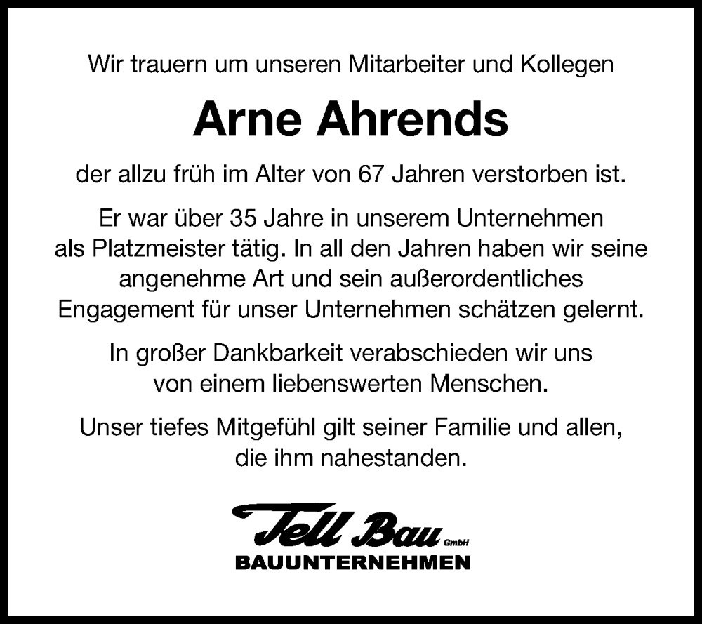  Traueranzeige für Arne Ahrends vom 13.01.2026 aus Ostfriesischer Kurier GmbH