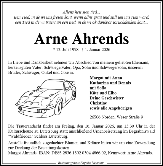 Traueranzeige von Arne Ahrends von Ostfriesischer Kurier GmbH