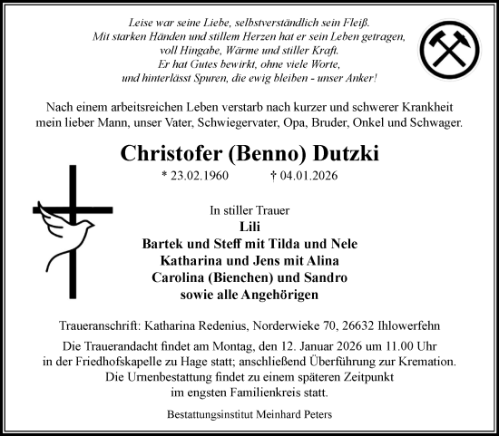 Traueranzeige von Christofer Dutzki von Ostfriesischer Kurier GmbH