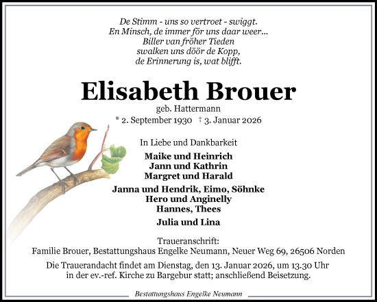 Traueranzeige von Elisabeth Brouer von Ostfriesischer Kurier GmbH