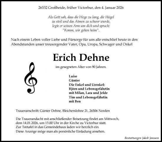 Traueranzeige von Erich Dehne von Ostfriesischer Kurier GmbH