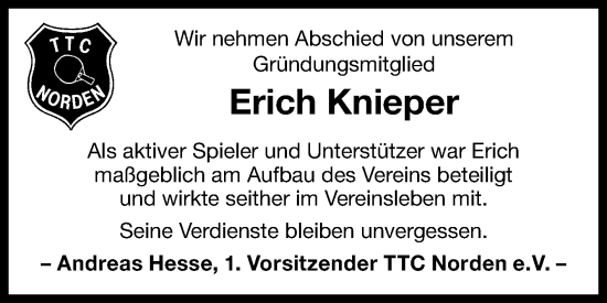 Traueranzeige von Erich Knieper von Ostfriesischer Kurier GmbH