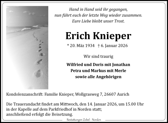 Traueranzeige von Erich Knieper von Ostfriesischer Kurier GmbH