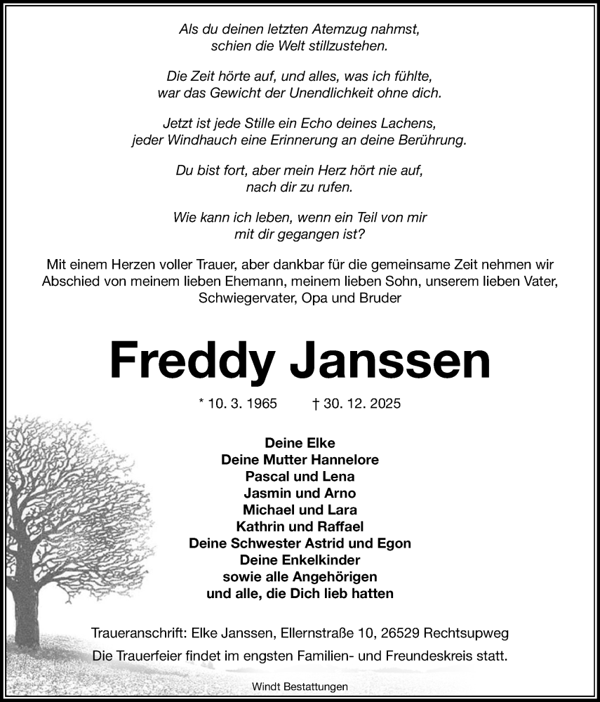  Traueranzeige für Freddy Janssen vom 05.01.2026 aus Ostfriesischer Kurier GmbH