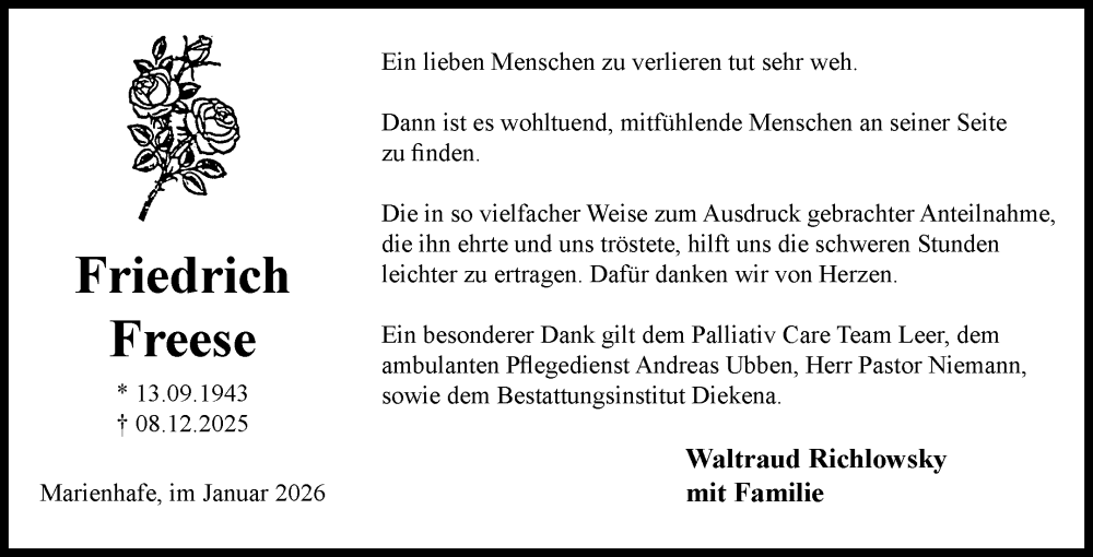  Traueranzeige für Friedrich Freese vom 13.01.2026 aus Ostfriesischer Kurier GmbH