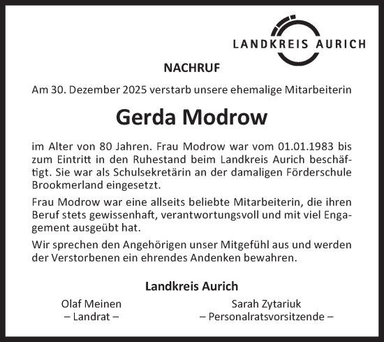 Traueranzeige von Gerda Modrow von Ostfriesischer Kurier GmbH