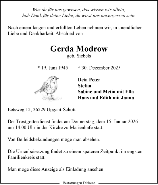Traueranzeige von Gerda Modrow von Ostfriesischer Kurier GmbH