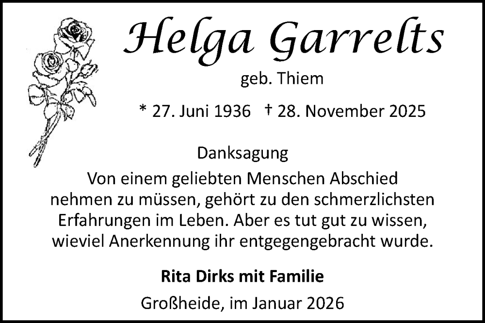  Traueranzeige für Helga Garrelts vom 13.01.2026 aus Ostfriesischer Kurier GmbH
