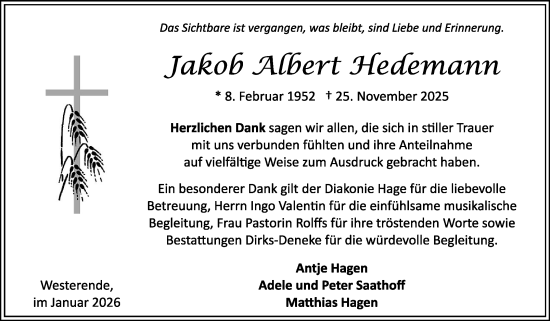 Traueranzeige von Jakob Albert Hedemann von Ostfriesischer Kurier GmbH