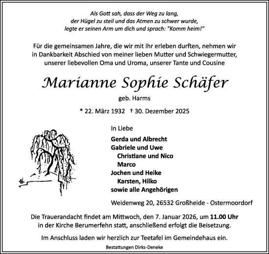 Traueranzeige von Marianne Sophie Schäfer von Ostfriesischer Kurier GmbH