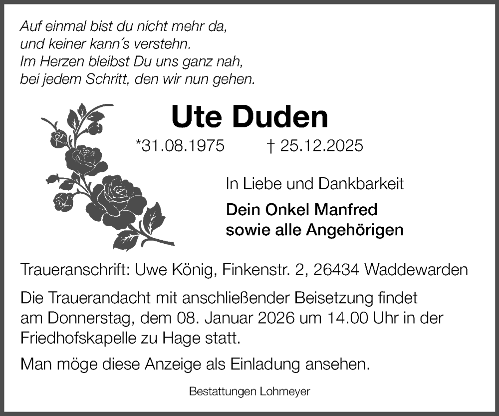  Traueranzeige für Ute Duden vom 05.01.2025 aus Ostfriesischer Kurier GmbH