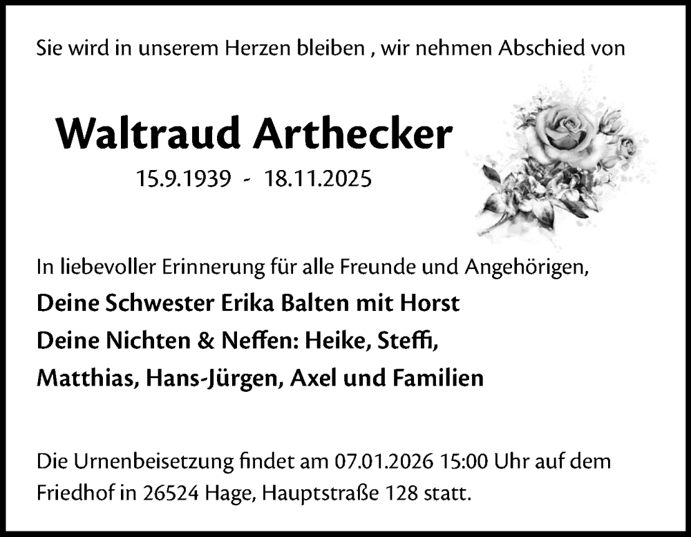  Traueranzeige für Waltraud Arthecker vom 05.01.2026 aus Ostfriesischer Kurier GmbH