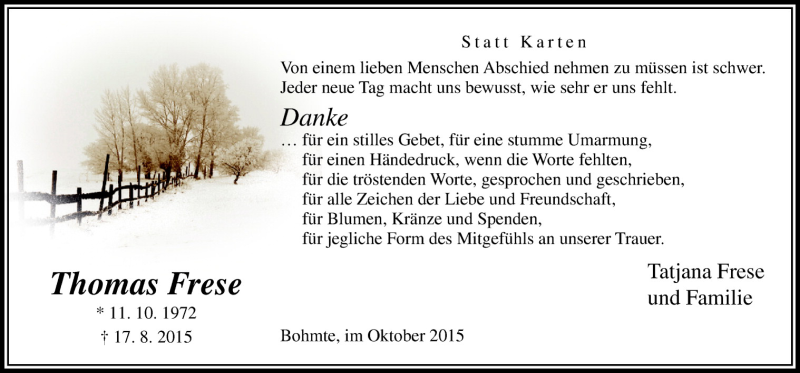  Traueranzeige für Thomas Frese vom 10.10.2015 aus Neue Osnabrücker Zeitung GmbH & Co. KG