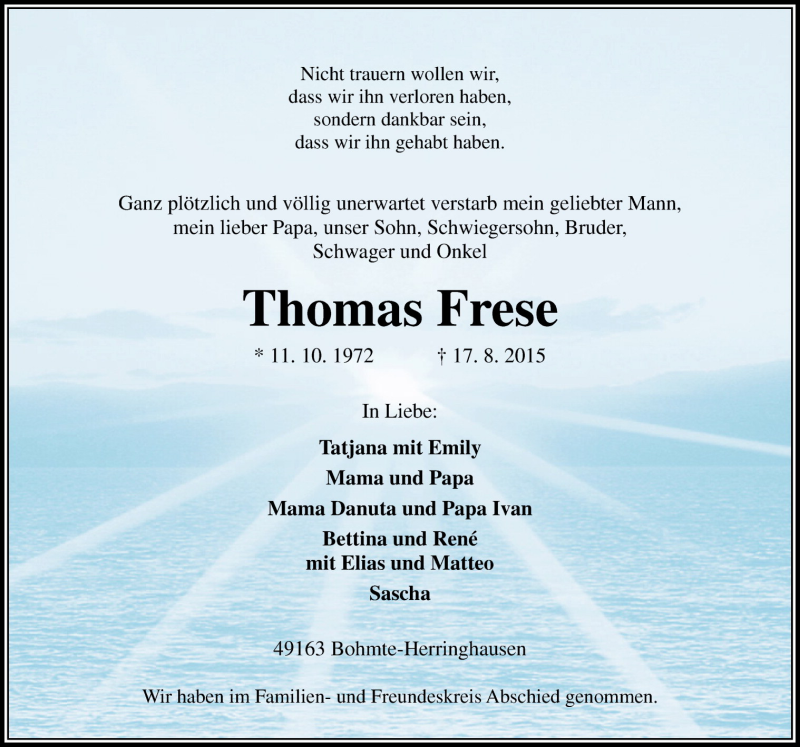  Traueranzeige für Thomas Frese vom 21.08.2015 aus Neue Osnabrücker Zeitung GmbH & Co. KG